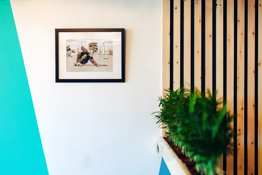 Framed photo and plants on the teal and white restaurant wall